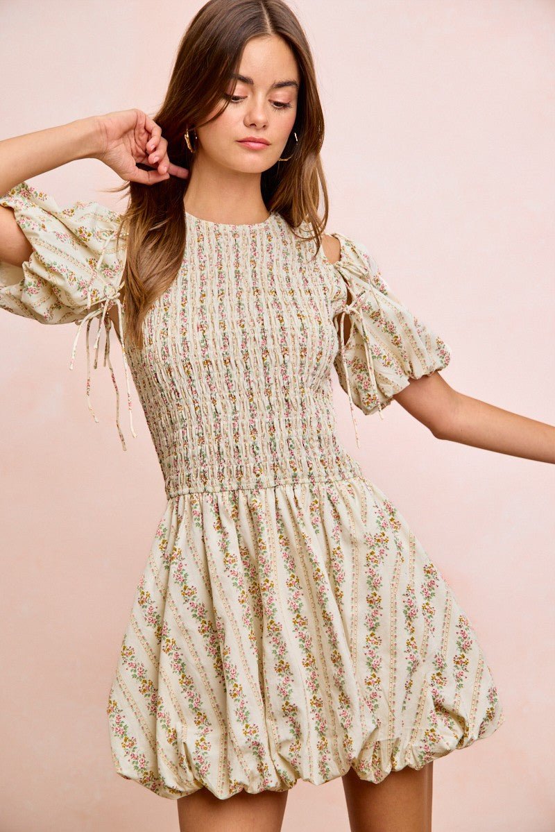BiBi Floral Bow Tie Attachable Puff Sleeves Dress - PBNJ FASHIONS