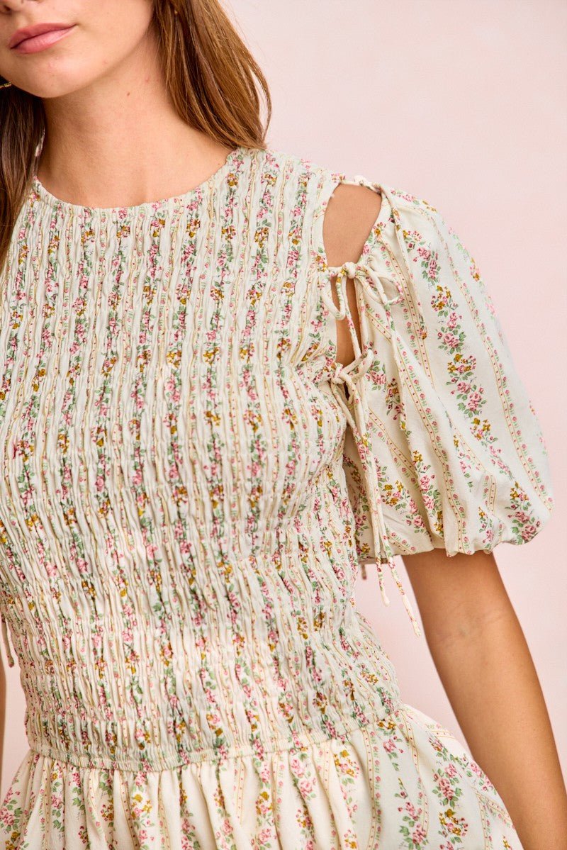 BiBi Floral Bow Tie Attachable Puff Sleeves Dress - PBNJ FASHIONS