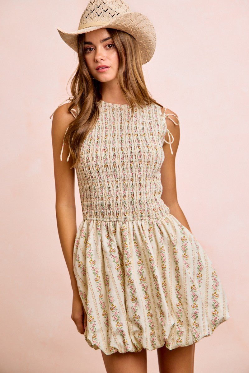 BiBi Floral Bow Tie Attachable Puff Sleeves Dress - PBNJ FASHIONS