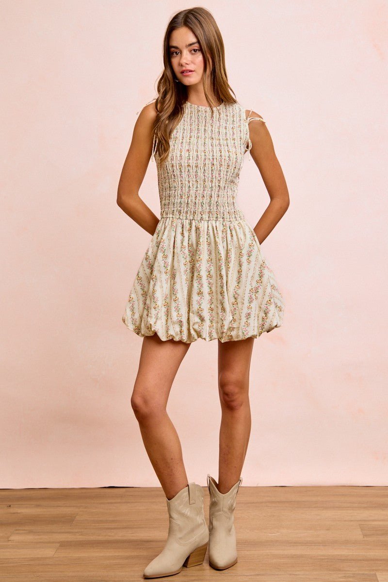 BiBi Floral Bow Tie Attachable Puff Sleeves Dress - PBNJ FASHIONS