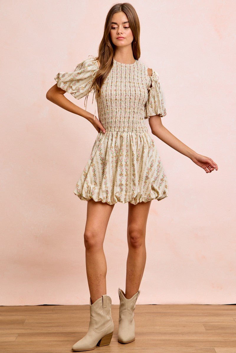 BiBi Floral Bow Tie Attachable Puff Sleeves Dress - PBNJ FASHIONS