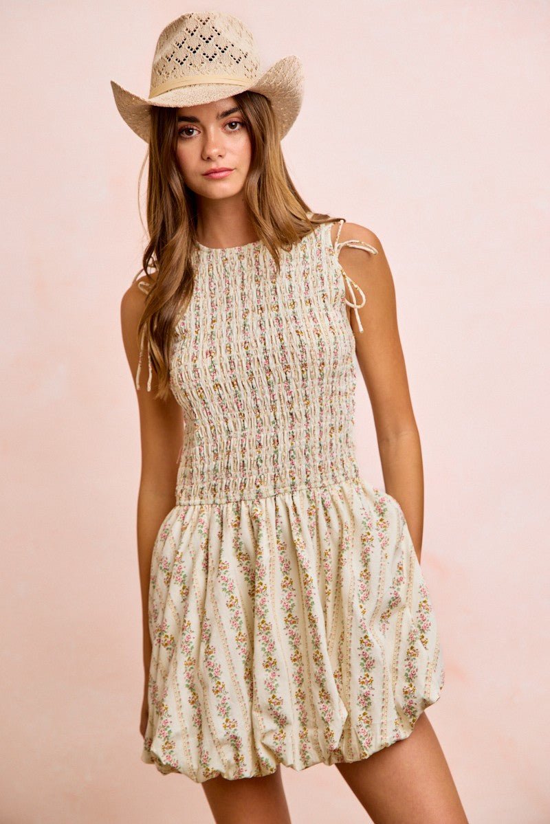 BiBi Floral Bow Tie Attachable Puff Sleeves Dress - PBNJ FASHIONS