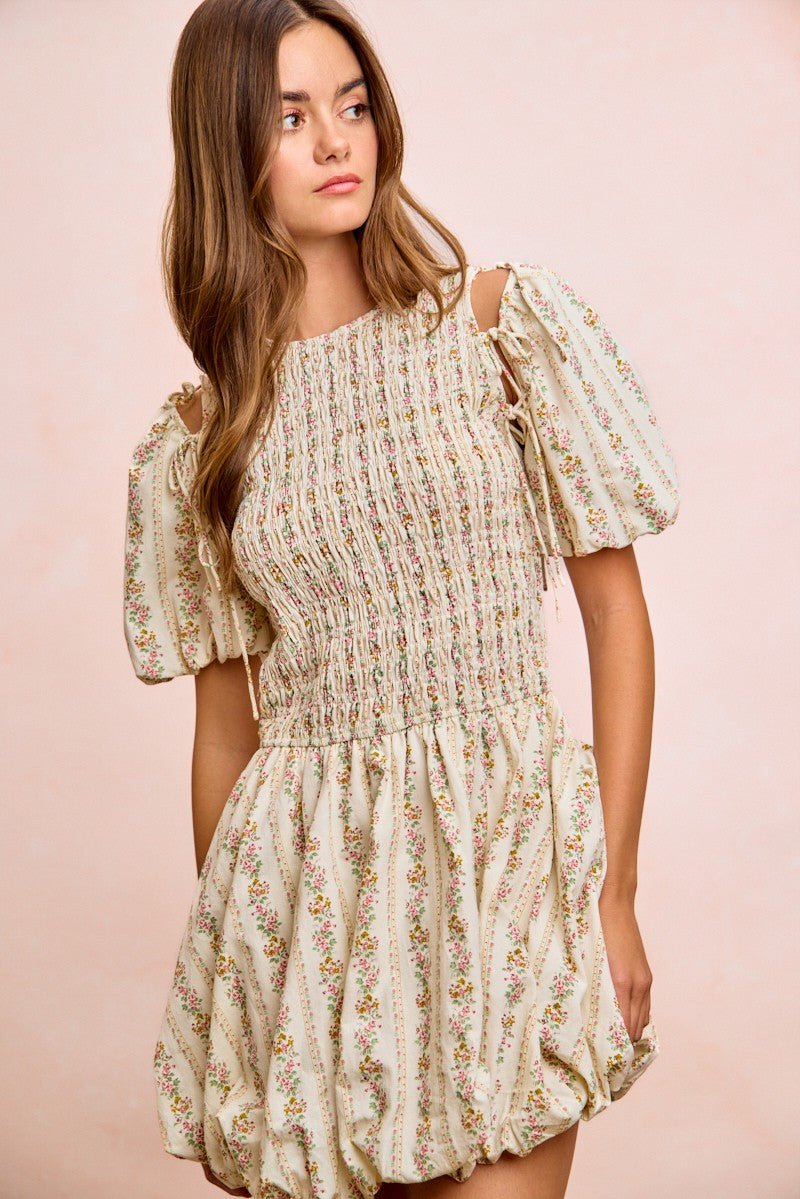 BiBi Floral Bow Tie Attachable Puff Sleeves Dress - PBNJ FASHIONS