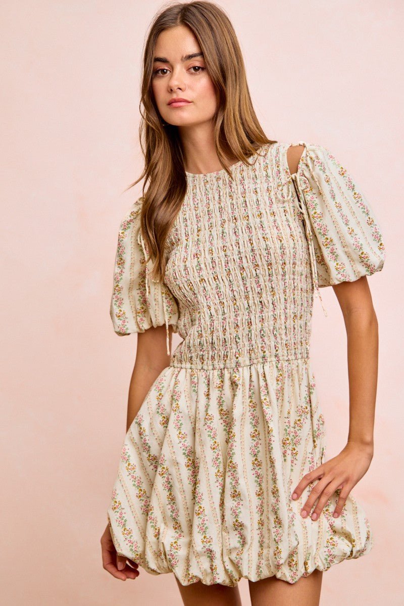 BiBi Floral Bow Tie Attachable Puff Sleeves Dress - PBNJ FASHIONS