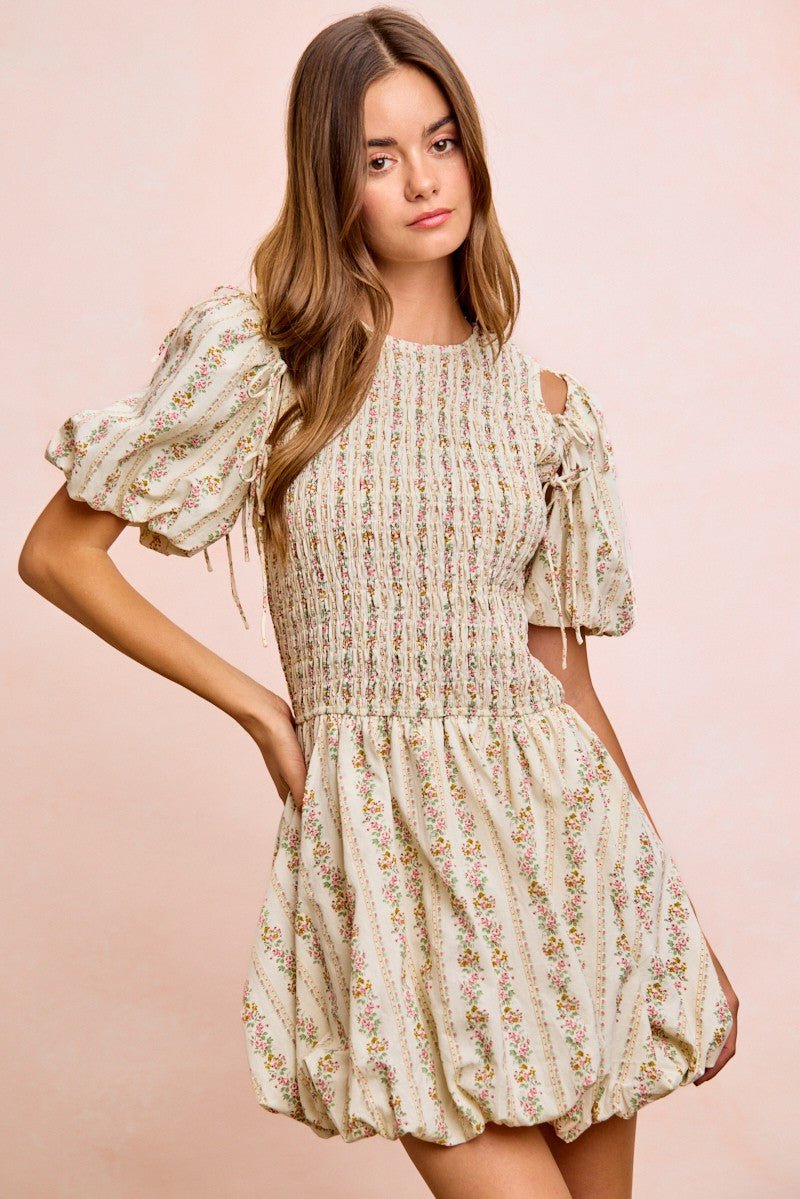 BiBi Floral Bow Tie Attachable Puff Sleeves Dress - PBNJ FASHIONS