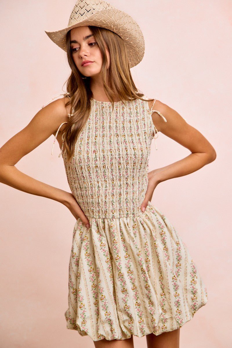 BiBi Floral Bow Tie Attachable Puff Sleeves Dress - PBNJ FASHIONS