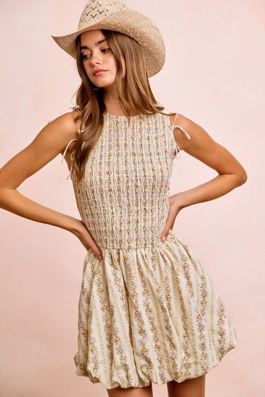 BiBi Floral Bow Tie Attachable Puff Sleeves Dress - PBNJ FASHIONS