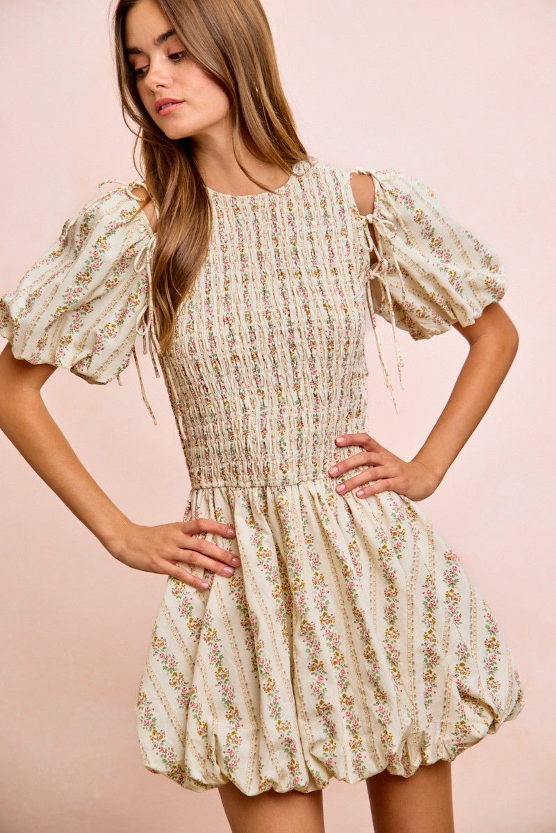BiBi Floral Bow Tie Attachable Puff Sleeves Dress - PBNJ FASHIONS