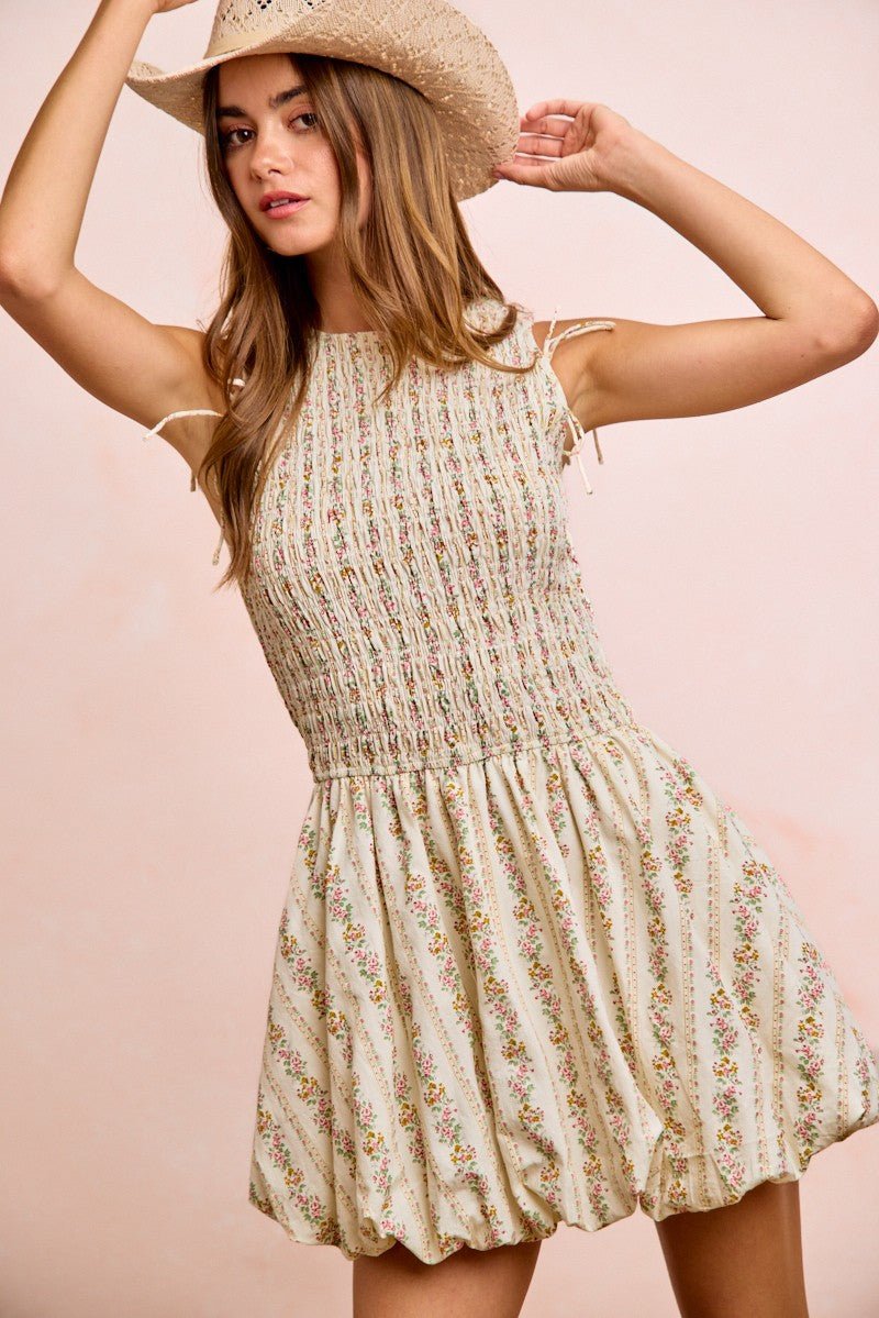 BiBi Floral Bow Tie Attachable Puff Sleeves Dress - PBNJ FASHIONS