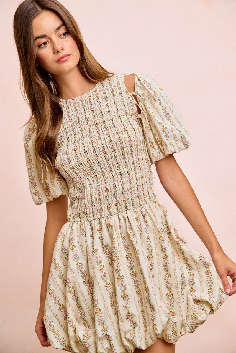BiBi Floral Bow Tie Attachable Puff Sleeves Dress - PBNJ FASHIONS