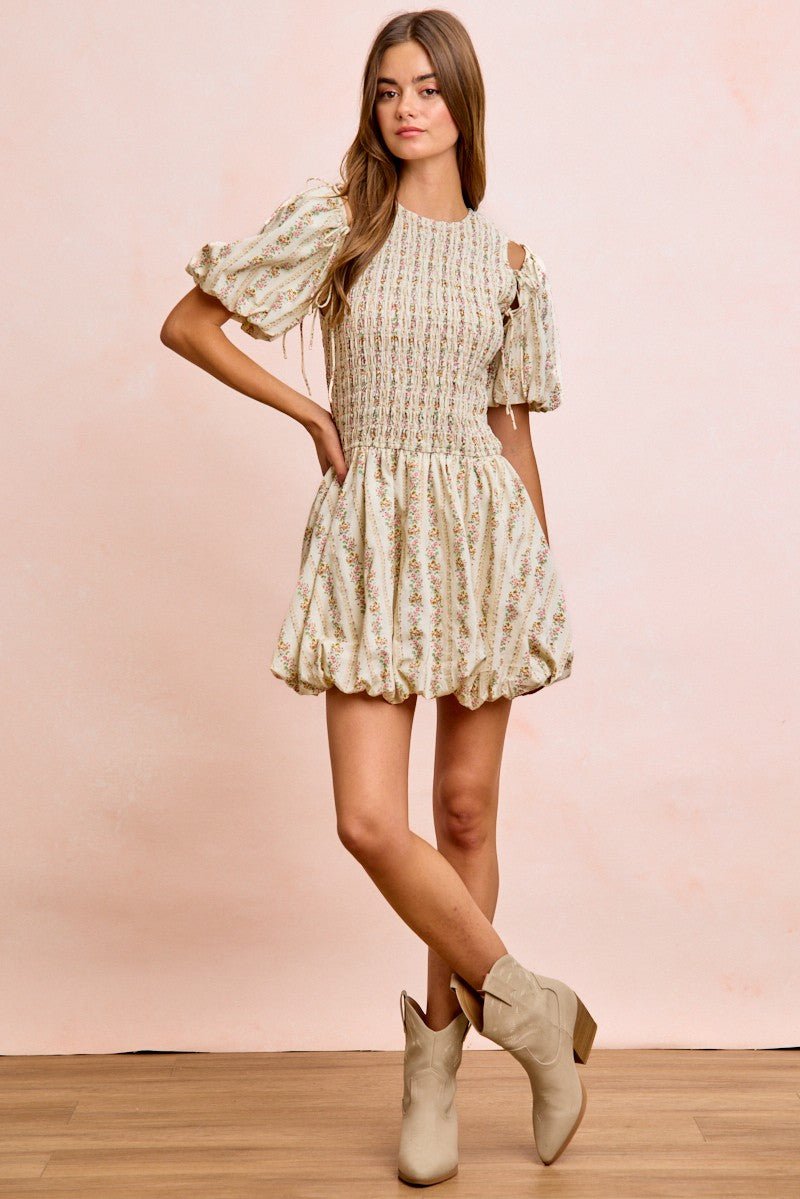 BiBi Floral Bow Tie Attachable Puff Sleeves Dress - PBNJ FASHIONS