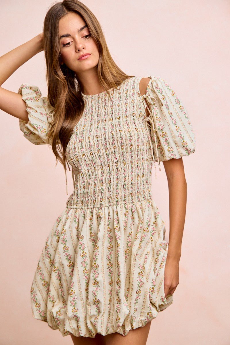 BiBi Floral Bow Tie Attachable Puff Sleeves Dress - PBNJ FASHIONS