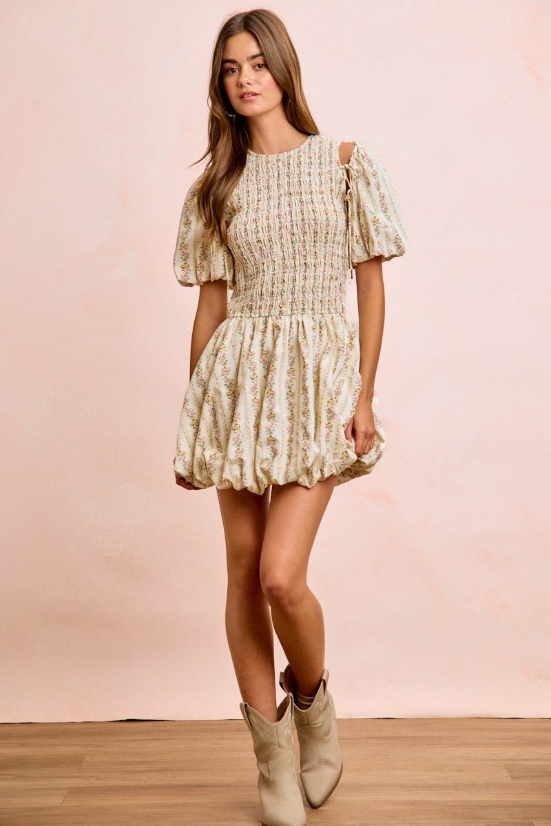 BiBi Floral Bow Tie Attachable Puff Sleeves Dress - PBNJ FASHIONS