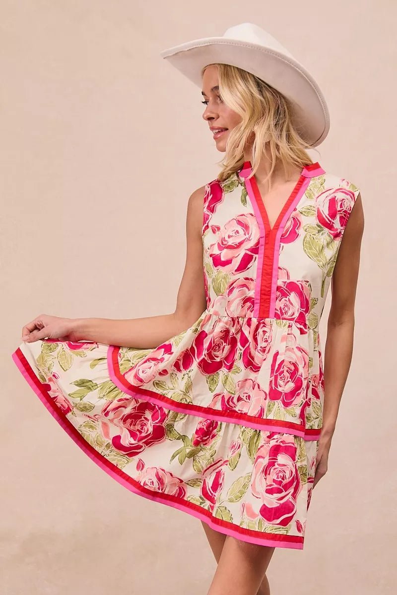 BiBi Floral Woven Contrast Edge Tiered Ruffle Mini Dress - PBNJ FASHIONS