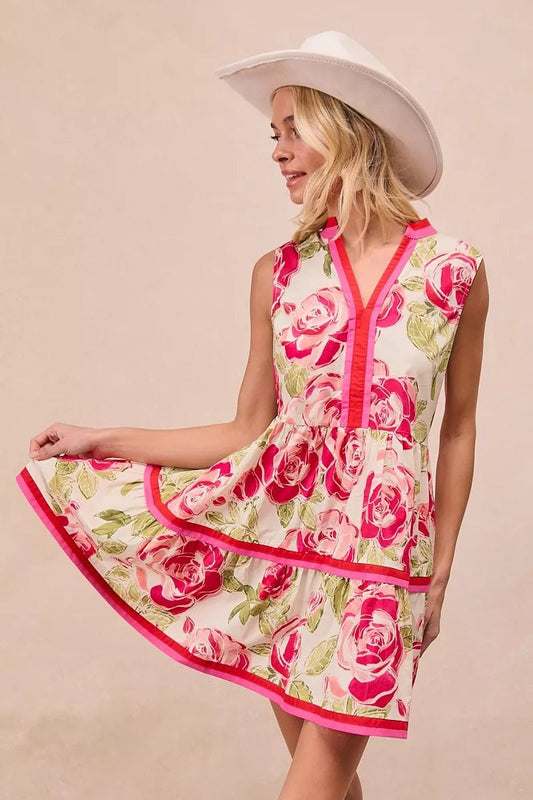 BiBi Floral Woven Contrast Edge Tiered Ruffle Mini Dress - PBNJ FASHIONS