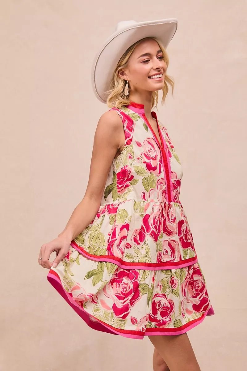 BiBi Floral Woven Contrast Edge Tiered Ruffle Mini Dress - PBNJ FASHIONS