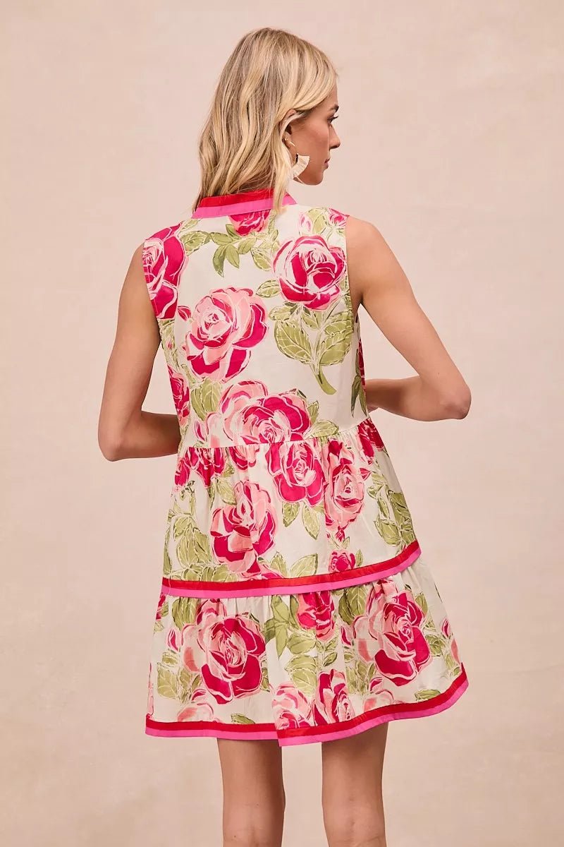 BiBi Floral Woven Contrast Edge Tiered Ruffle Mini Dress - PBNJ FASHIONS