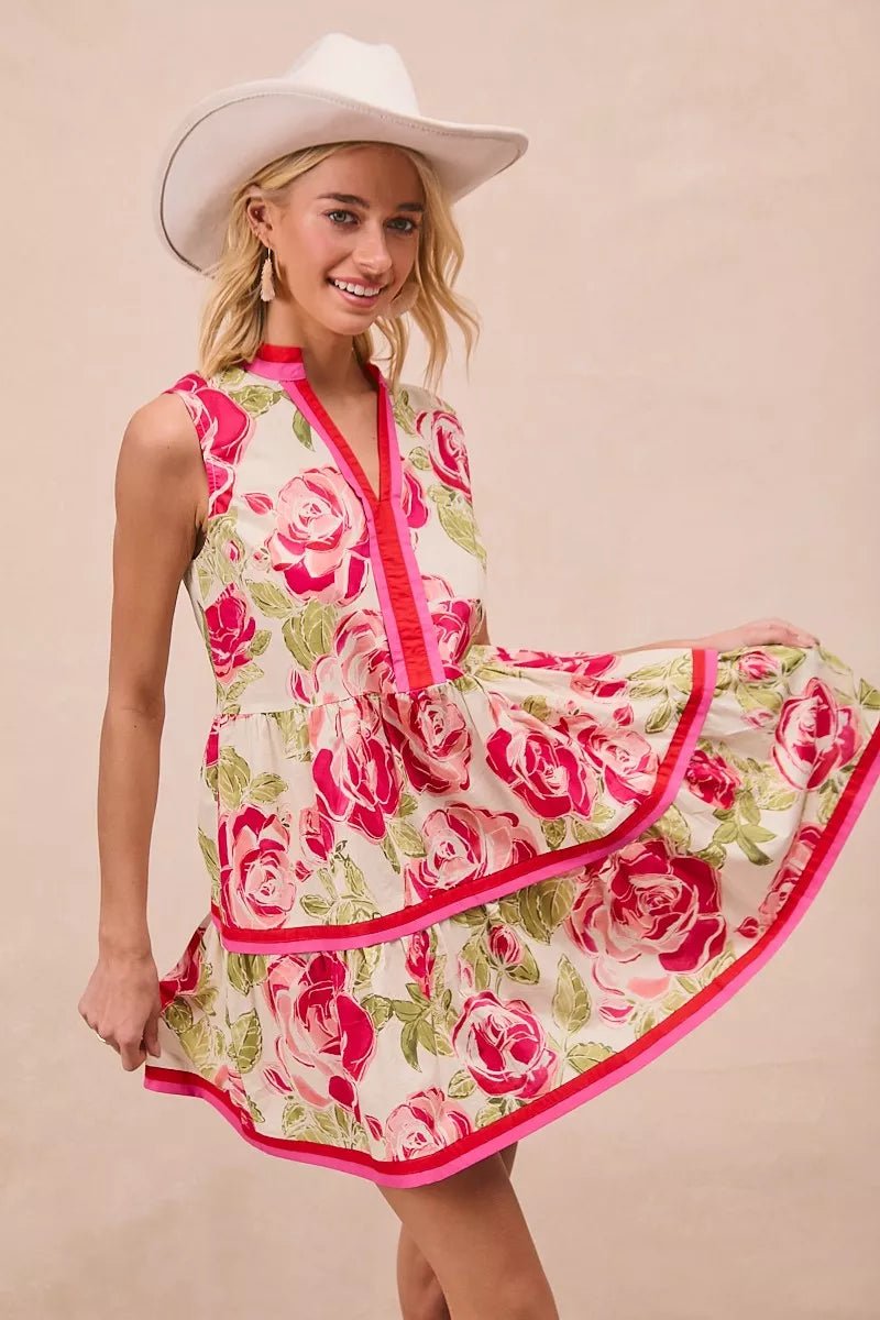 BiBi Floral Woven Contrast Edge Tiered Ruffle Mini Dress - PBNJ FASHIONS
