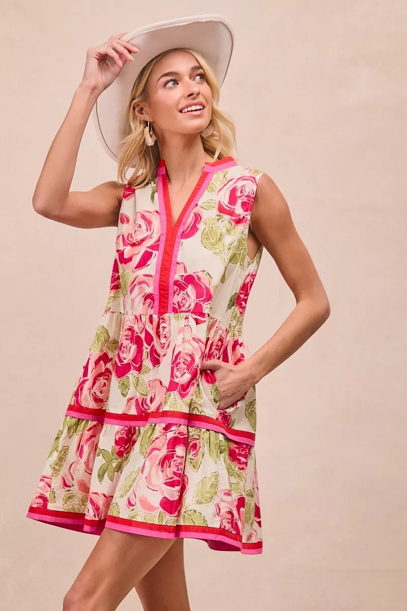 BiBi Floral Woven Contrast Edge Tiered Ruffle Mini Dress - PBNJ FASHIONS