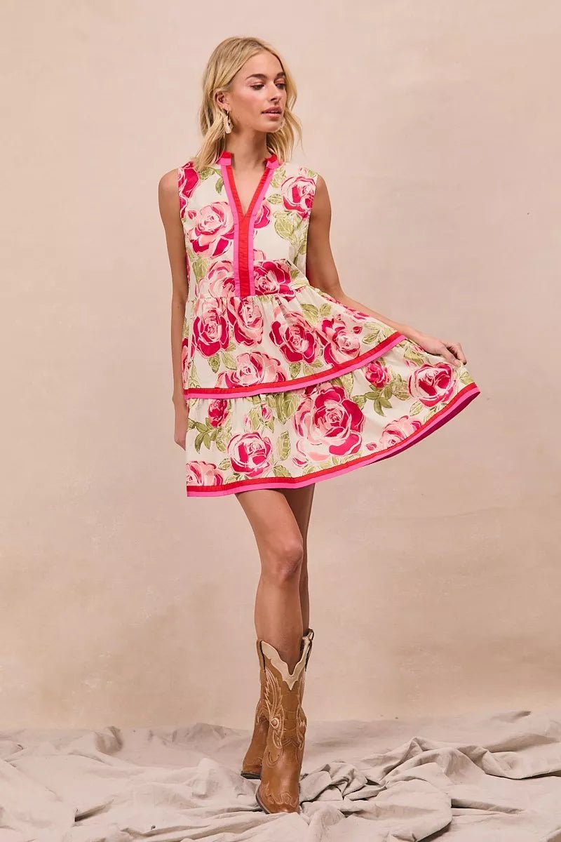 BiBi Floral Woven Contrast Edge Tiered Ruffle Mini Dress - PBNJ FASHIONS