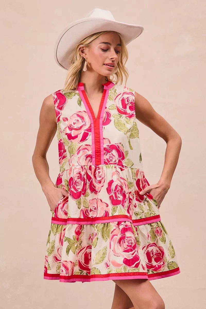BiBi Floral Woven Contrast Edge Tiered Ruffle Mini Dress - PBNJ FASHIONS
