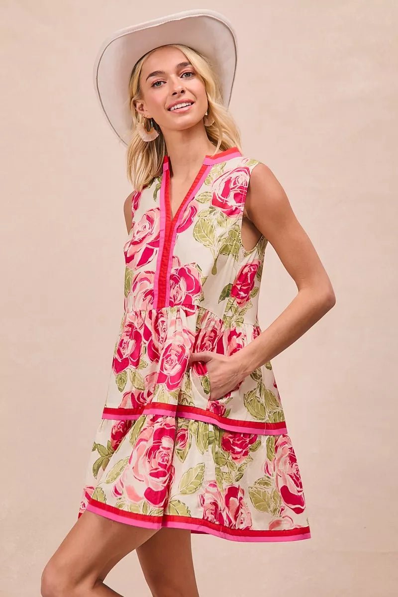 BiBi Floral Woven Contrast Edge Tiered Ruffle Mini Dress - PBNJ FASHIONS