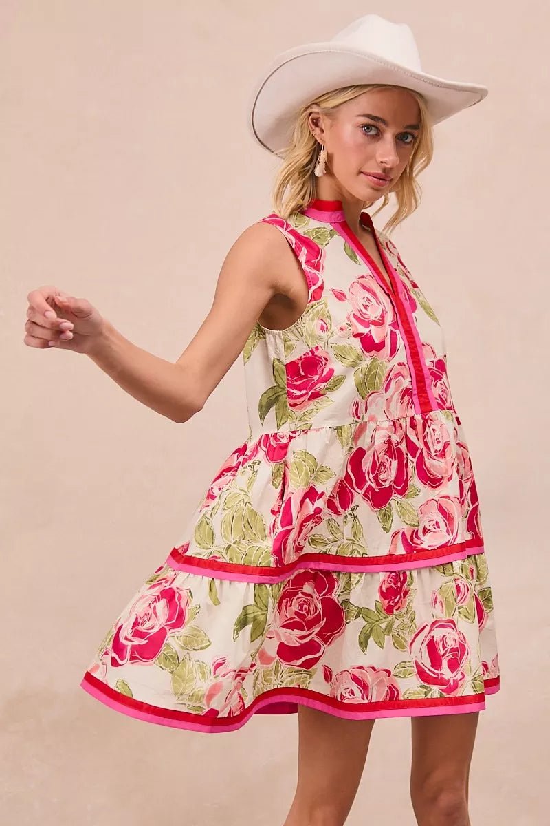 BiBi Floral Woven Contrast Edge Tiered Ruffle Mini Dress - PBNJ FASHIONS
