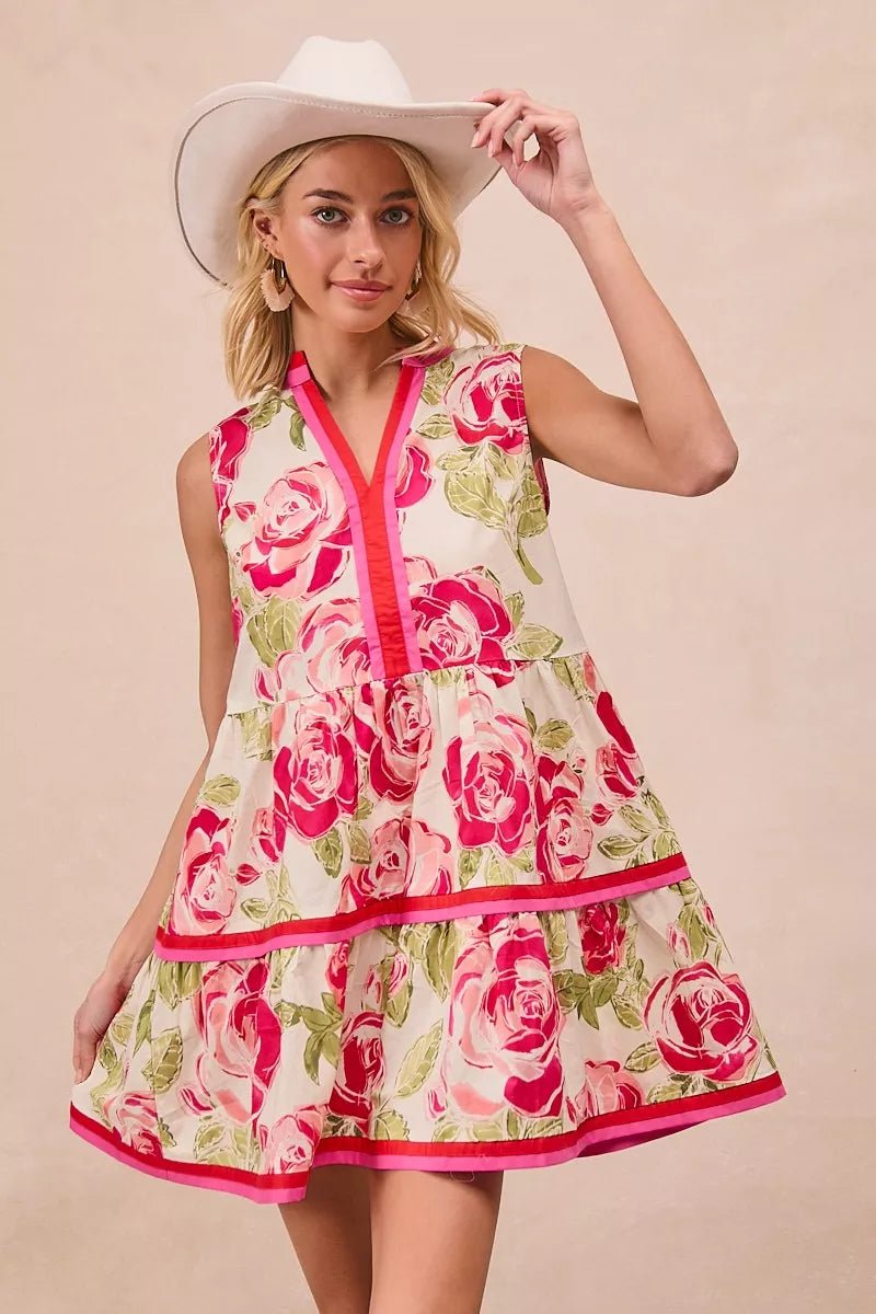 BiBi Floral Woven Contrast Edge Tiered Ruffle Mini Dress - PBNJ FASHIONS