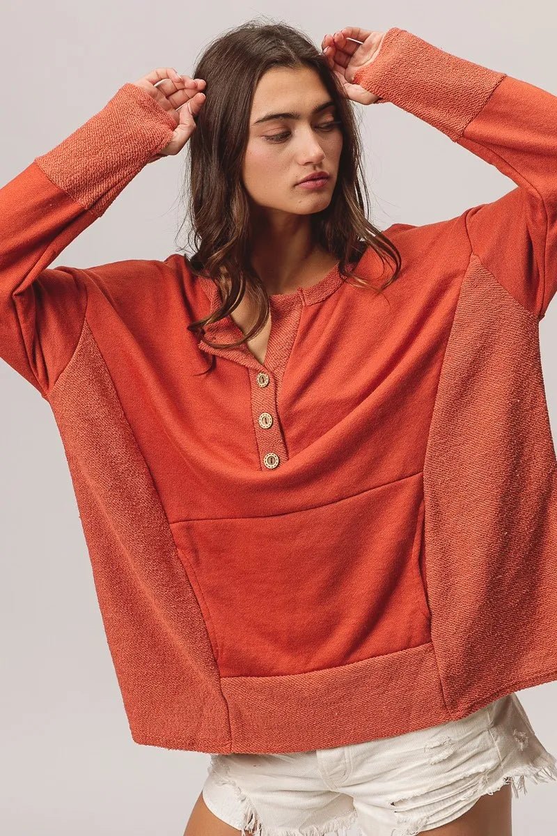 BiBi French Terry Knit Side Block Buttoned Henley Top - PBNJ FASHIONS