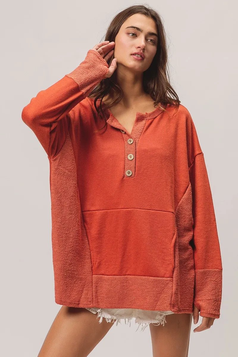 BiBi French Terry Knit Side Block Buttoned Henley Top - PBNJ FASHIONS