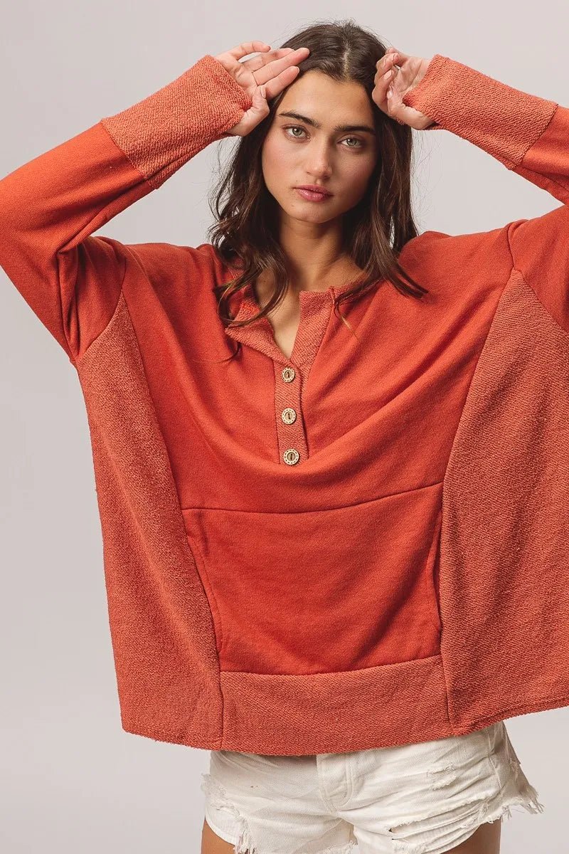 BiBi French Terry Knit Side Block Buttoned Henley Top - PBNJ FASHIONS