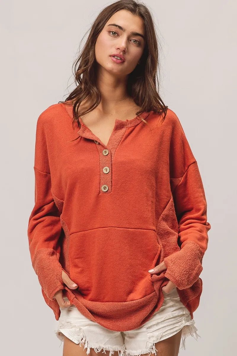 BiBi French Terry Knit Side Block Buttoned Henley Top - PBNJ FASHIONS