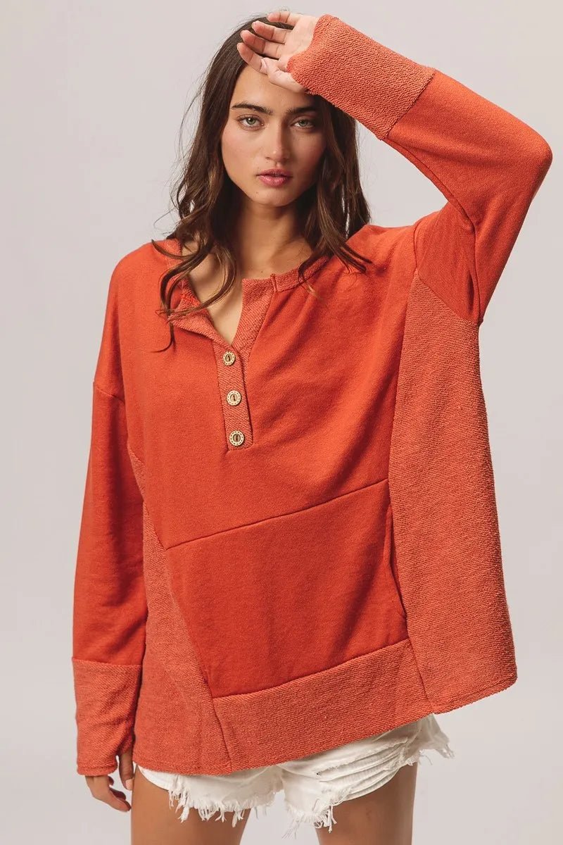 BiBi French Terry Knit Side Block Buttoned Henley Top - PBNJ FASHIONS