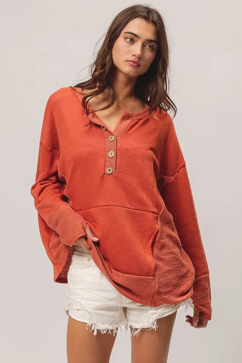 BiBi French Terry Knit Side Block Buttoned Henley Top - PBNJ FASHIONS