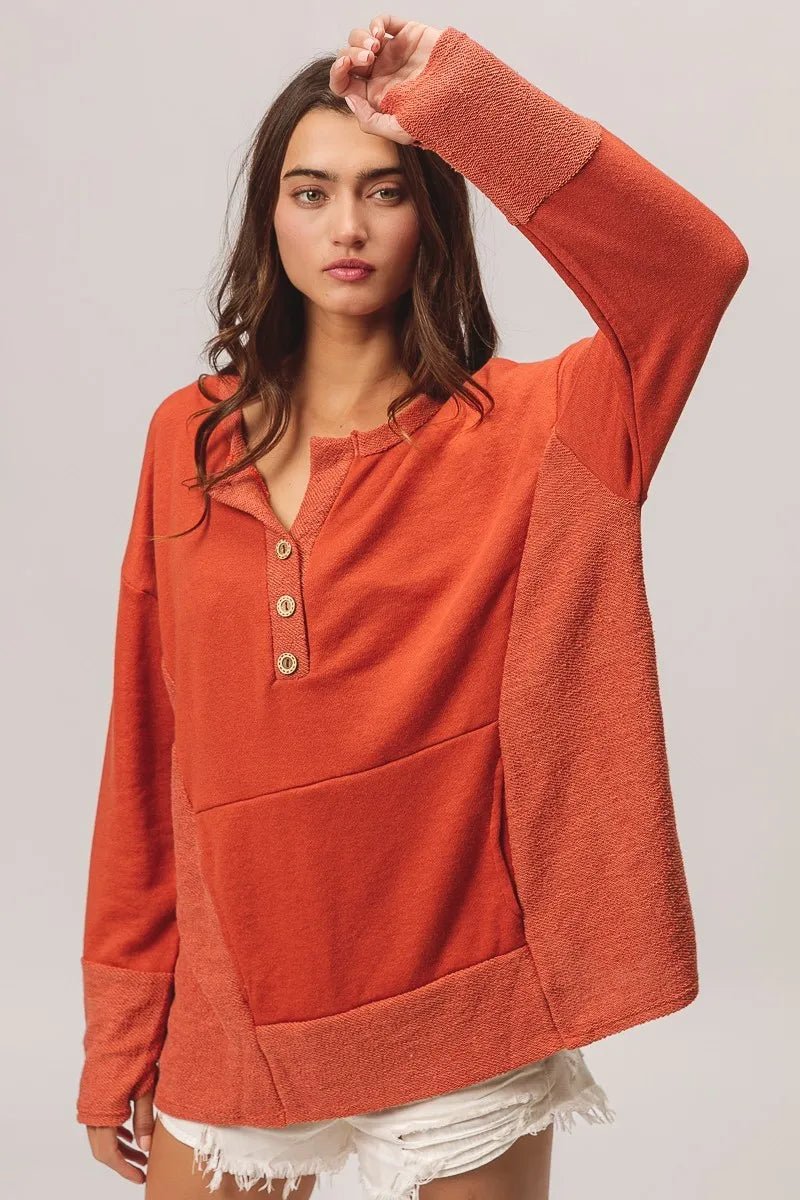 BiBi French Terry Knit Side Block Buttoned Henley Top - PBNJ FASHIONS