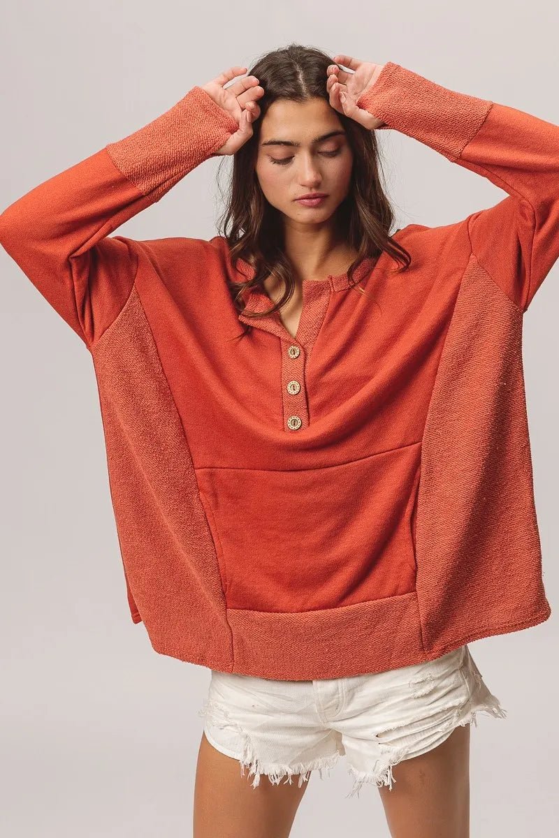BiBi French Terry Knit Side Block Buttoned Henley Top - PBNJ FASHIONS