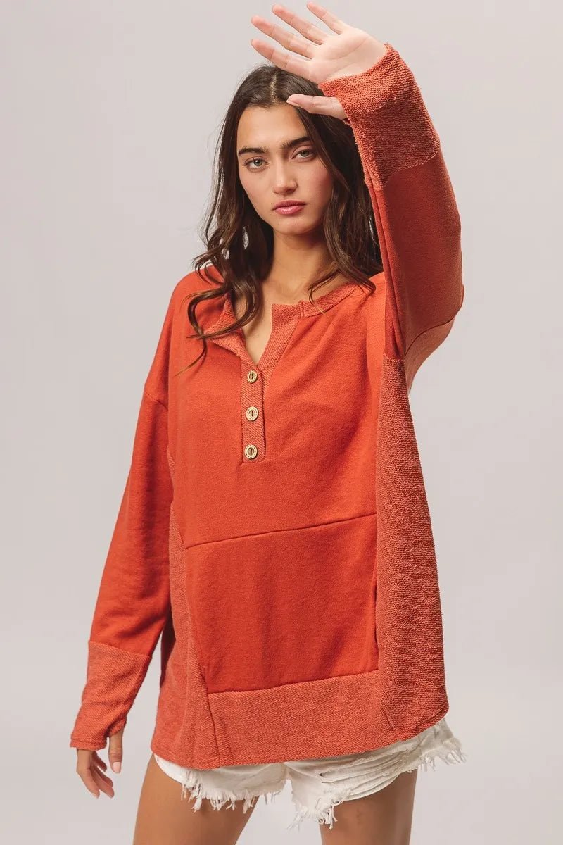 BiBi French Terry Knit Side Block Buttoned Henley Top - PBNJ FASHIONS