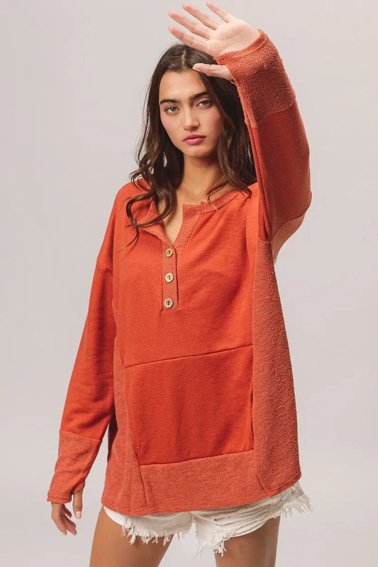 BiBi French Terry Knit Side Block Buttoned Henley Top - PBNJ FASHIONS