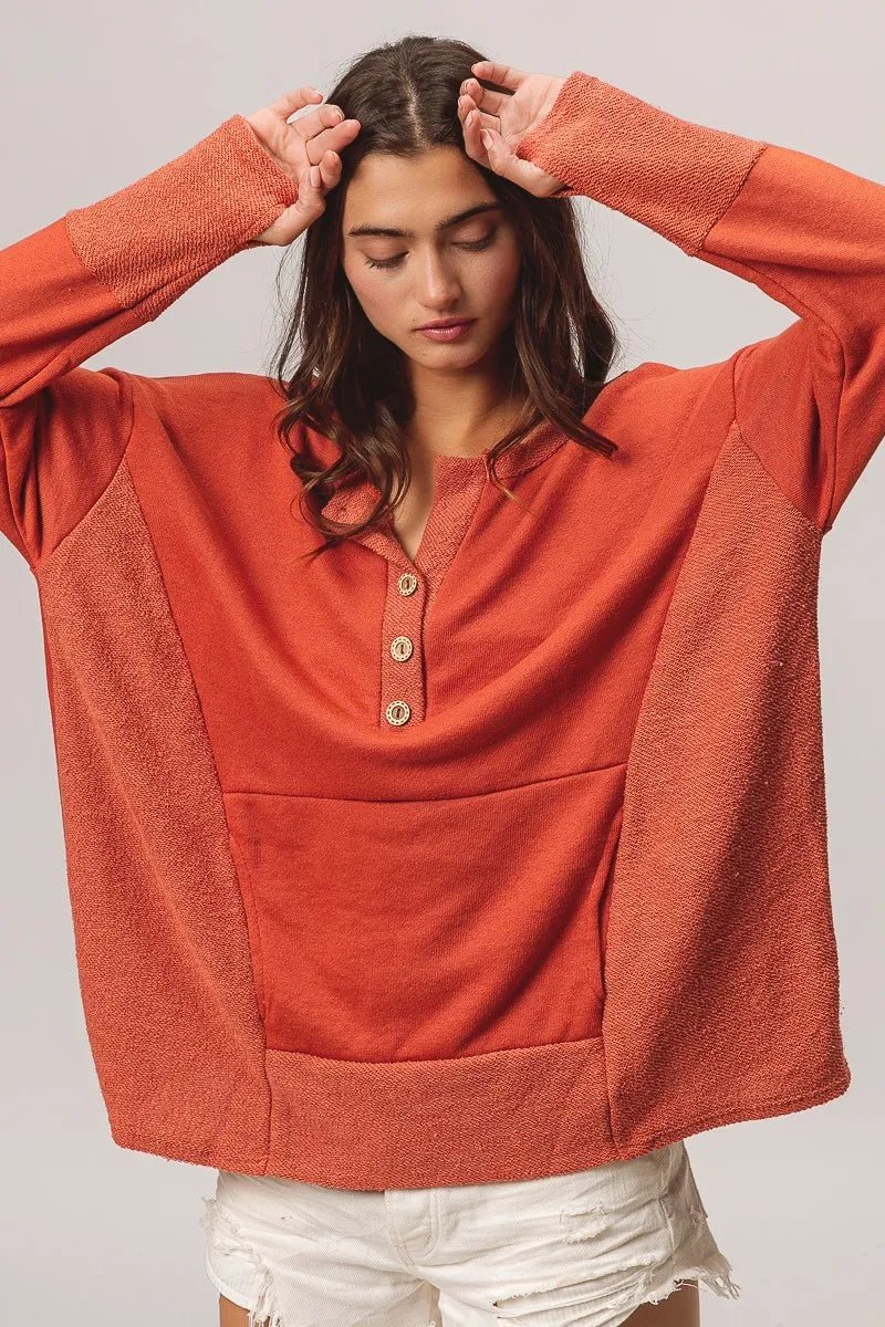BiBi French Terry Knit Side Block Buttoned Henley Top - PBNJ FASHIONS