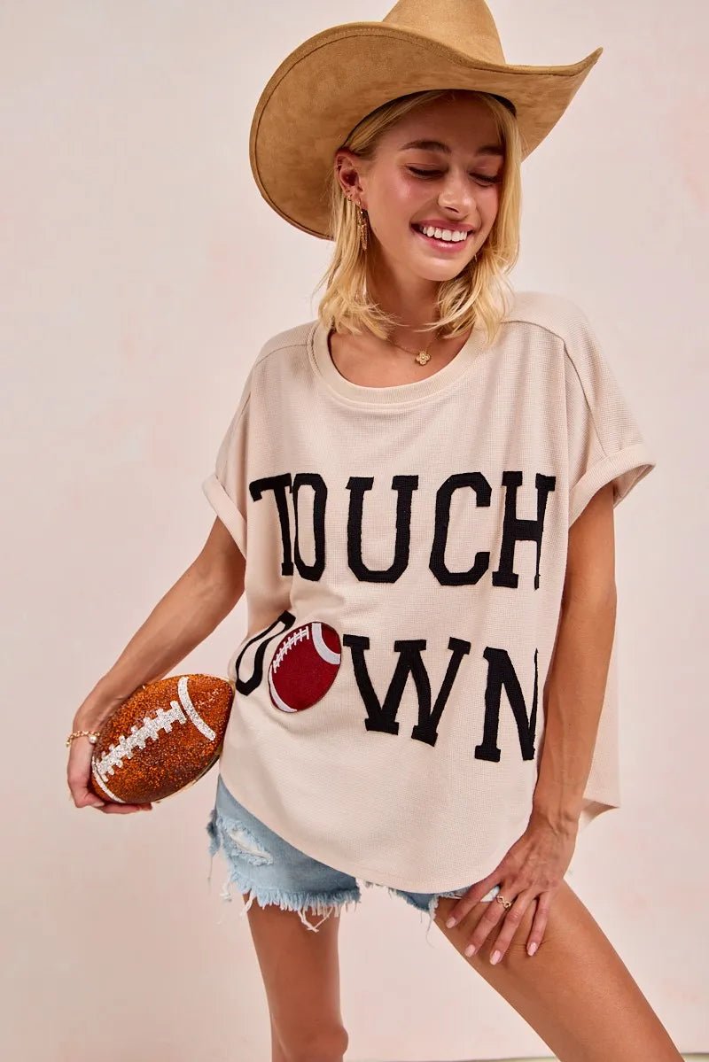 BiBi Game Day Touchdown Letter Patches Waffle Short Top - PBNJ FASHIONS