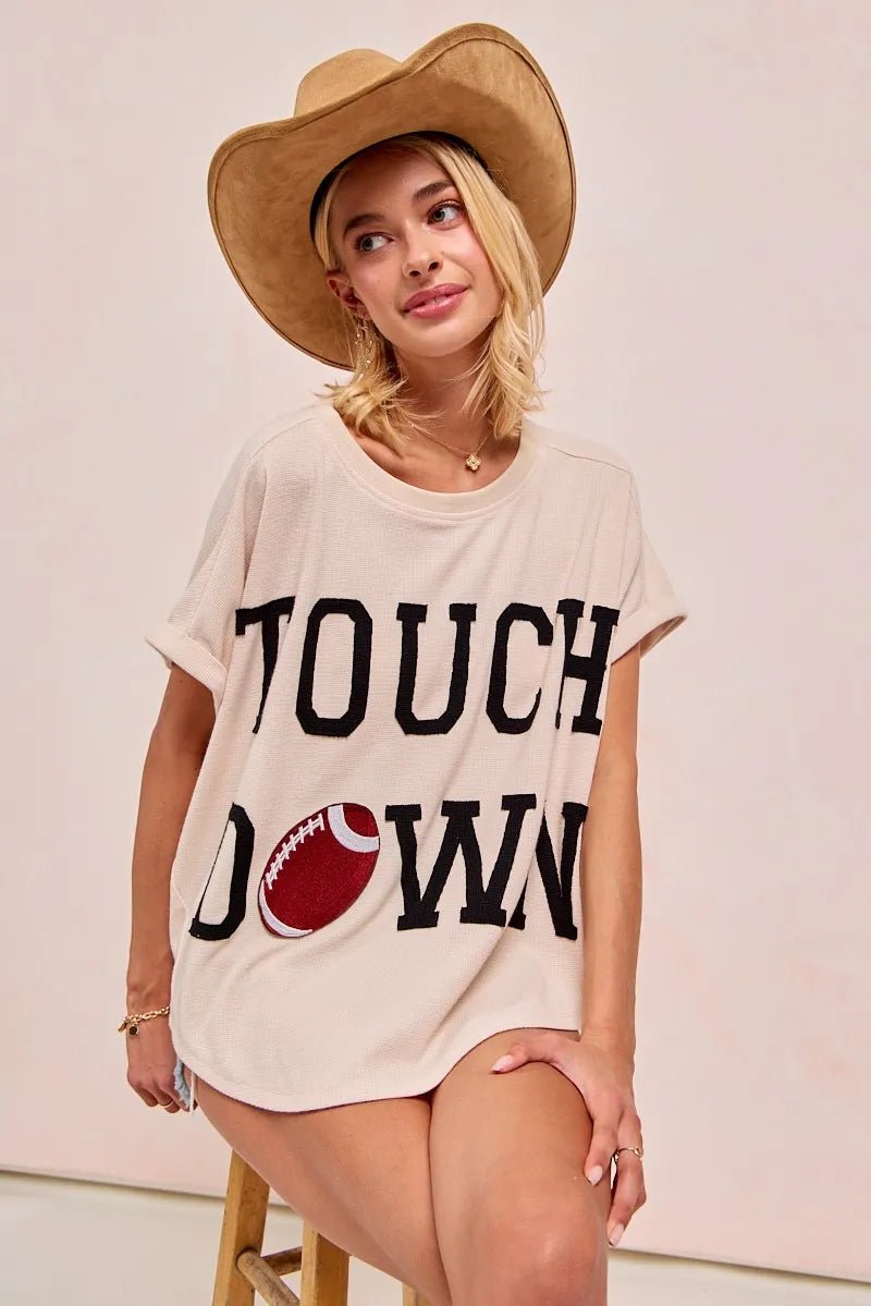 BiBi Game Day Touchdown Letter Patches Waffle Short Top - PBNJ FASHIONS