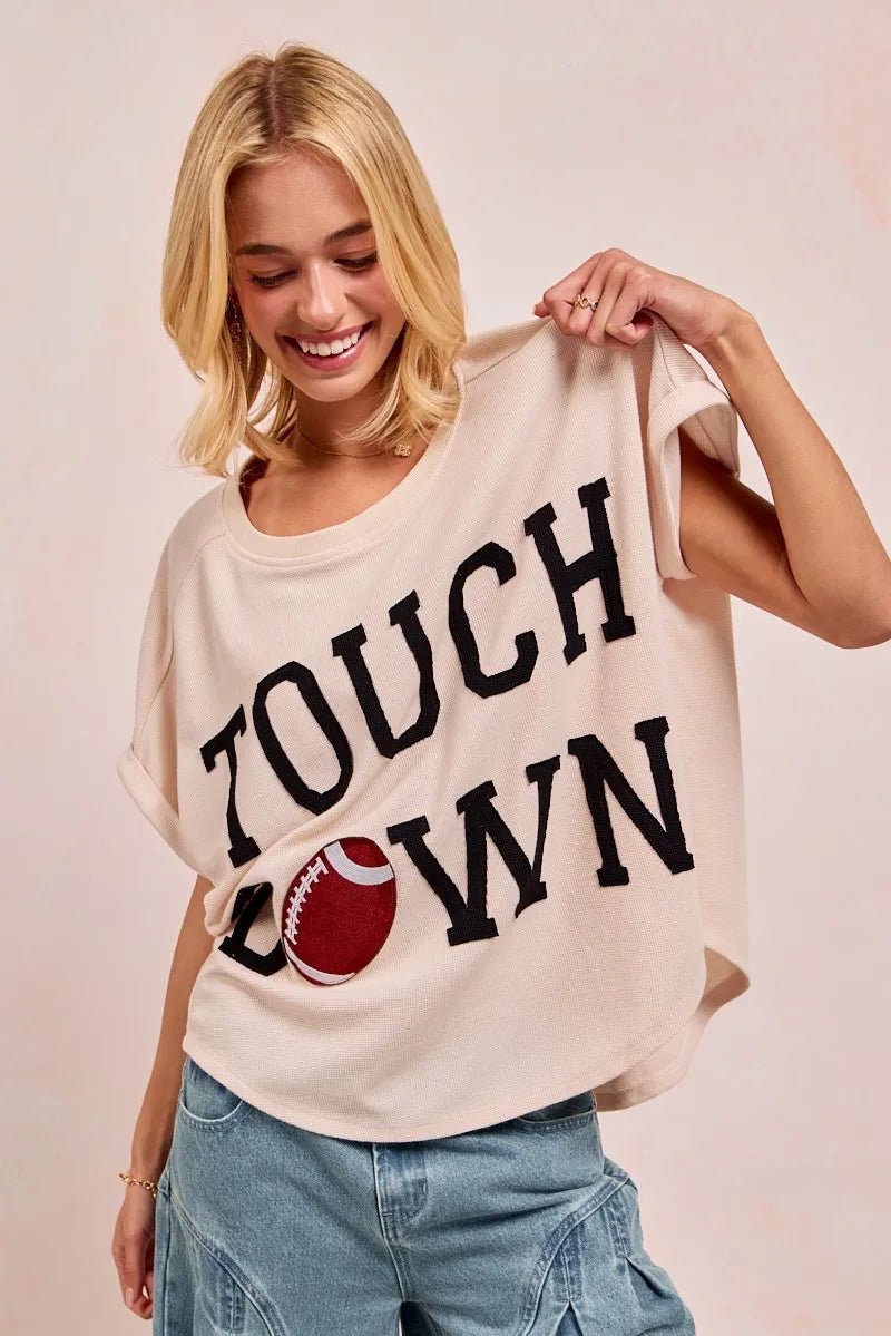 BiBi Game Day Touchdown Letter Patches Waffle Short Top - PBNJ FASHIONS