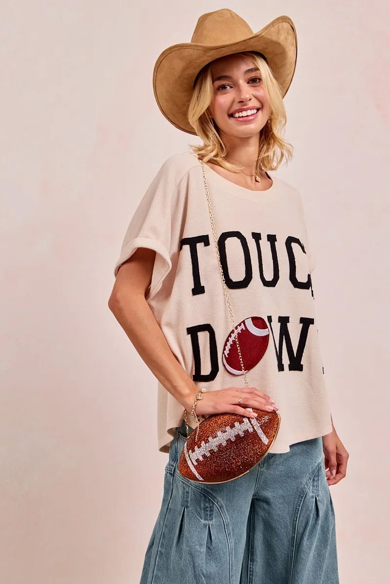 BiBi Game Day Touchdown Letter Patches Waffle Short Top - PBNJ FASHIONS