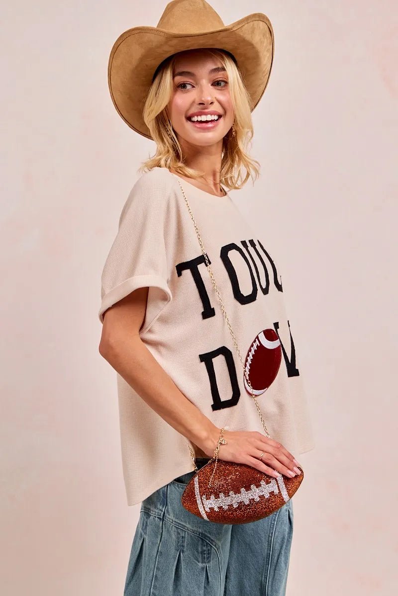 BiBi Game Day Touchdown Letter Patches Waffle Short Top - PBNJ FASHIONS