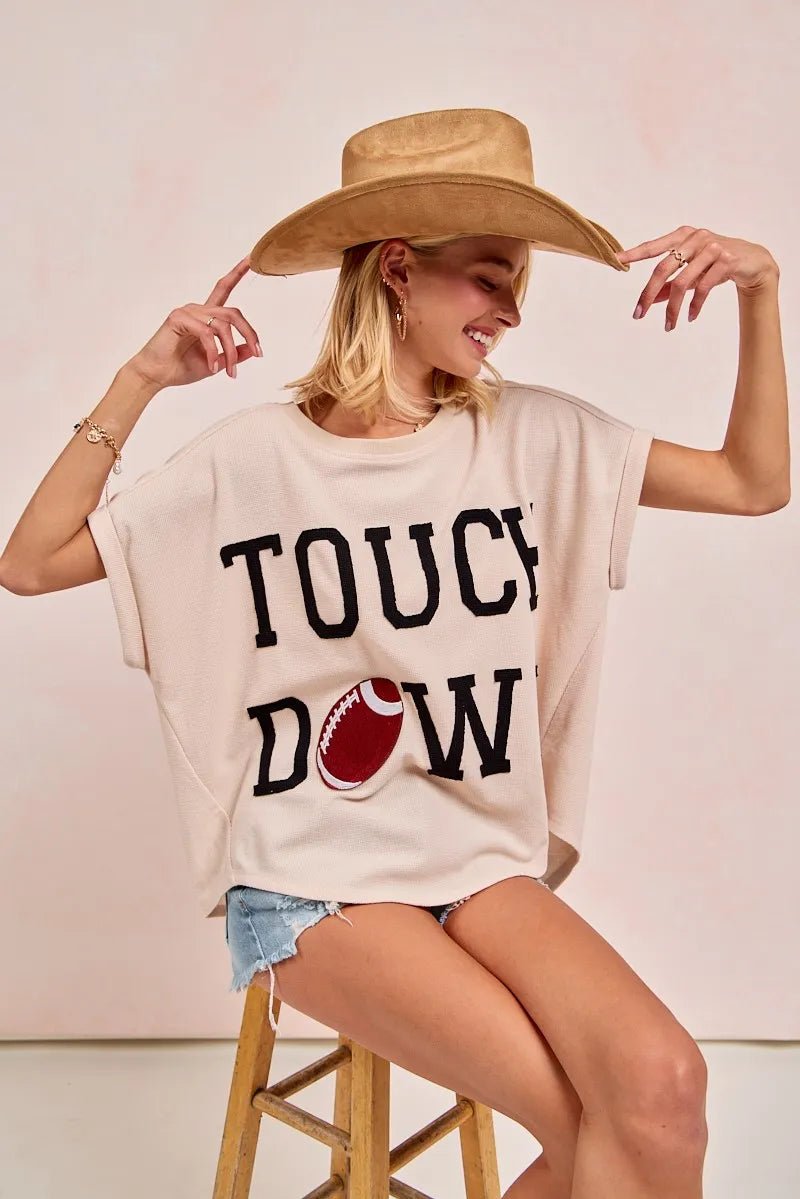 BiBi Game Day Touchdown Letter Patches Waffle Short Top - PBNJ FASHIONS