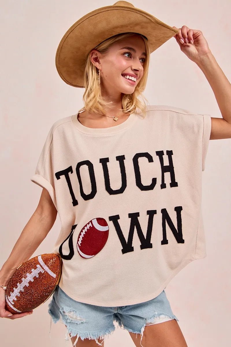 BiBi Game Day Touchdown Letter Patches Waffle Short Top - PBNJ FASHIONS
