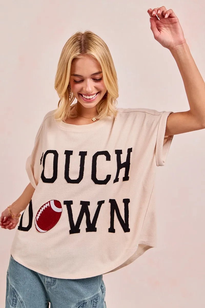 BiBi Game Day Touchdown Letter Patches Waffle Short Top - PBNJ FASHIONS