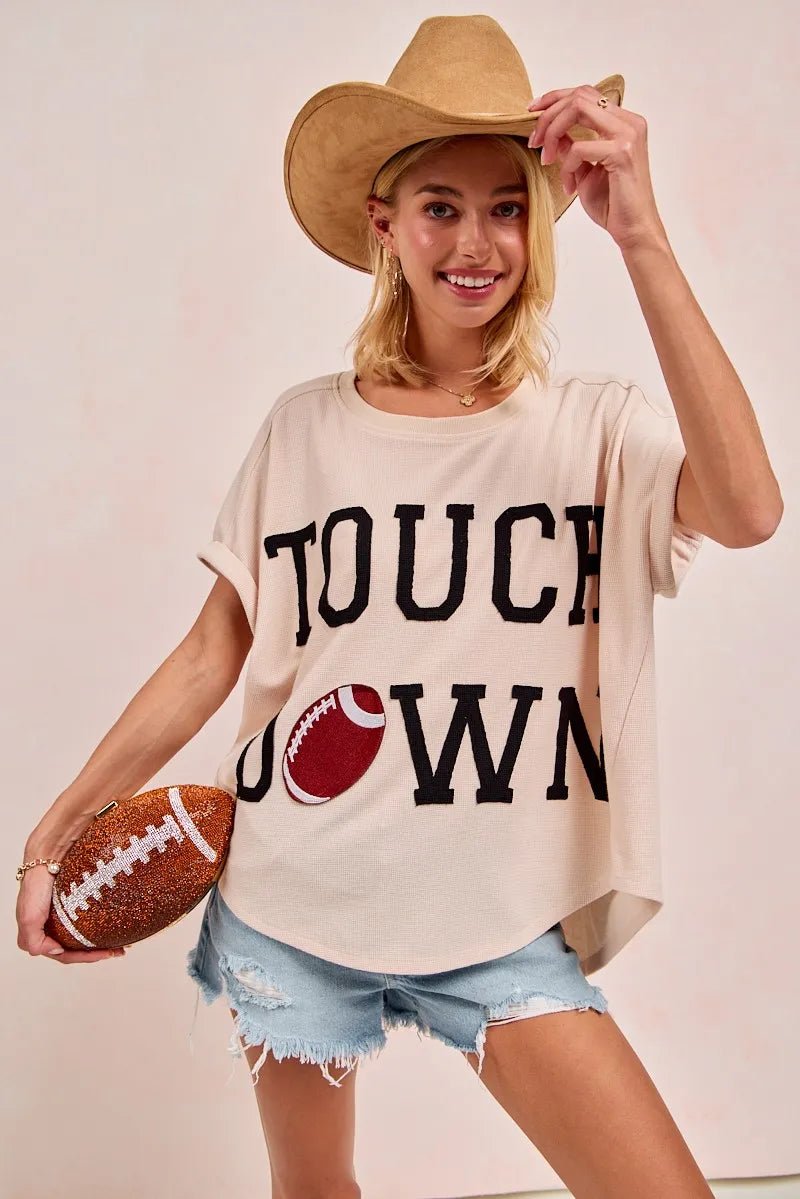 BiBi Game Day Touchdown Letter Patches Waffle Short Top - PBNJ FASHIONS