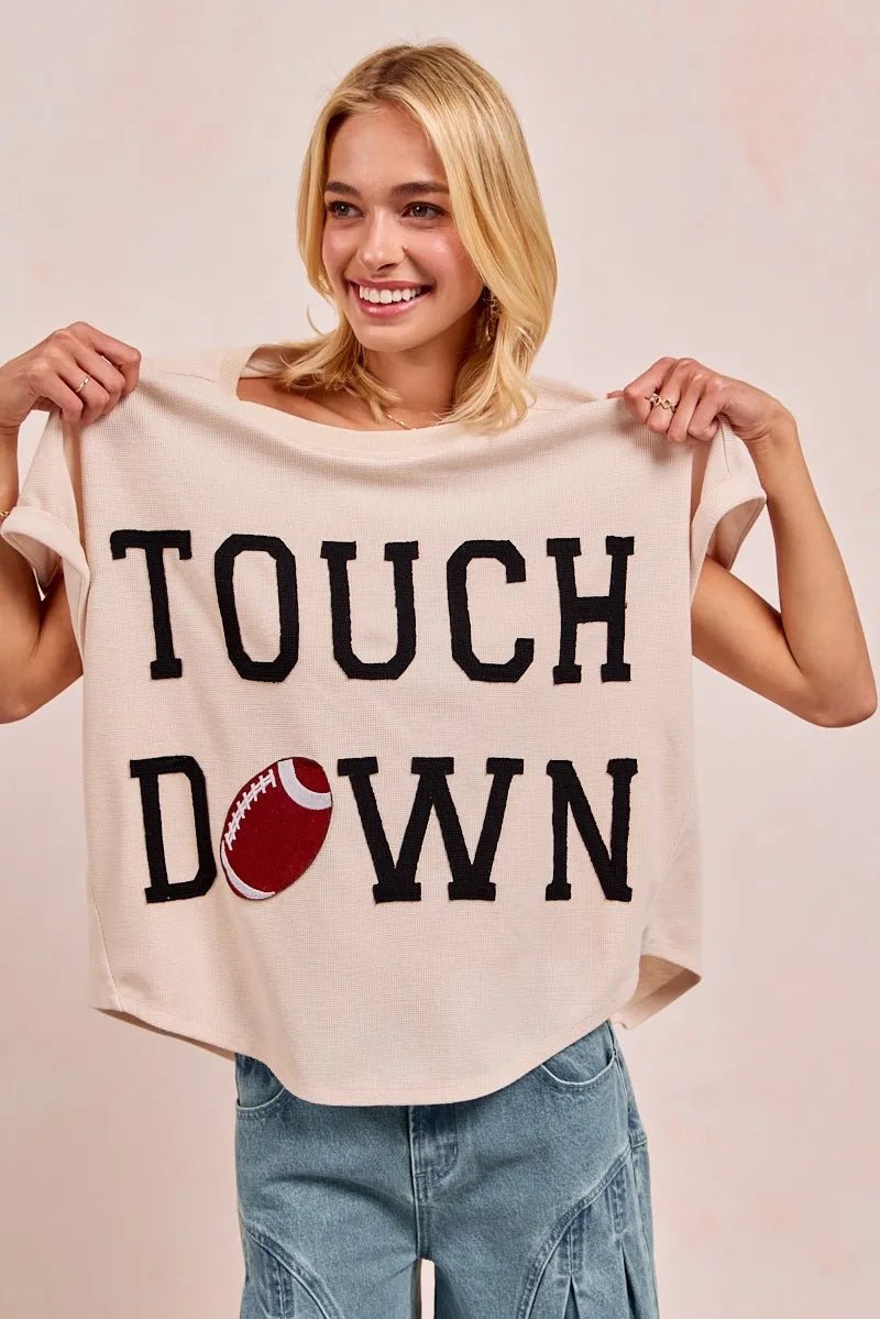 BiBi Game Day Touchdown Letter Patches Waffle Short Top - PBNJ FASHIONS