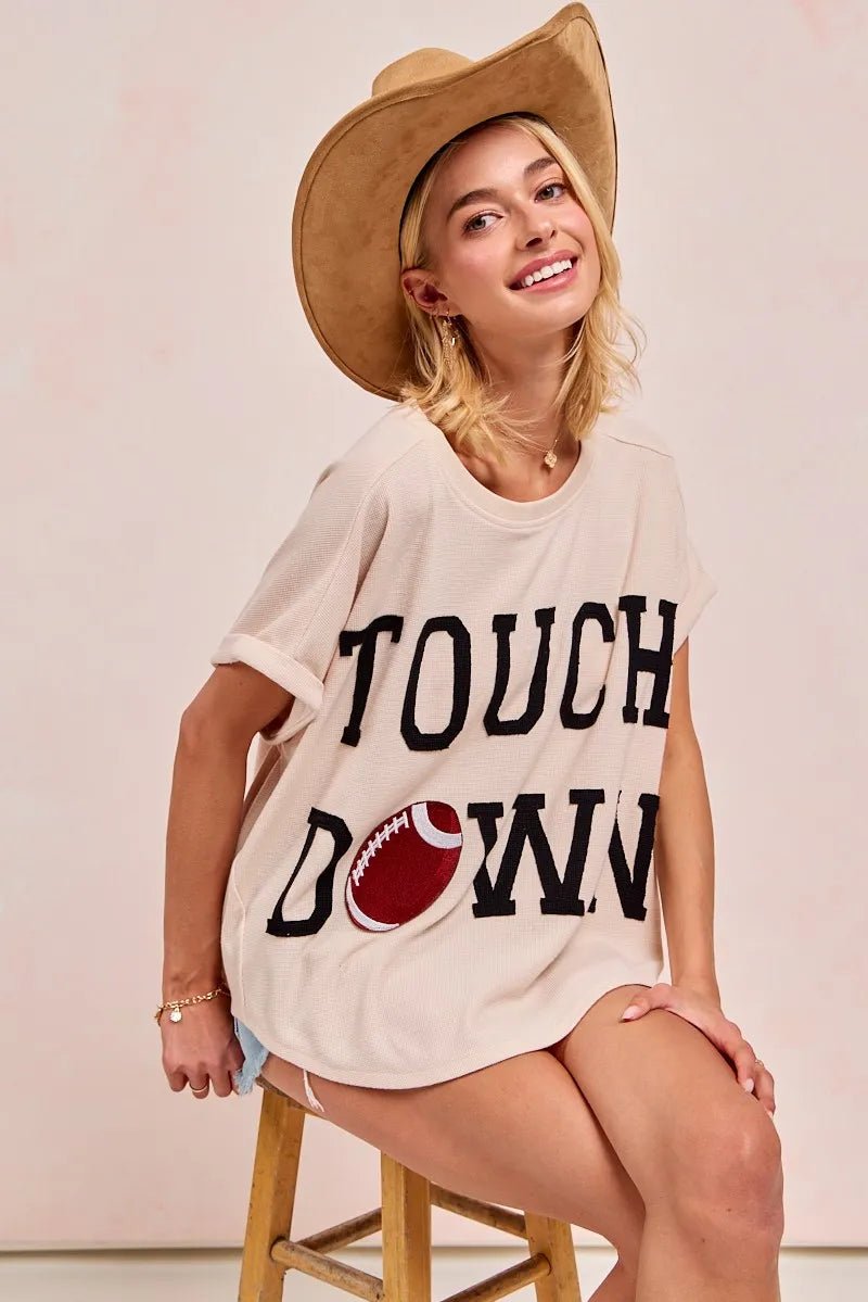 BiBi Game Day Touchdown Letter Patches Waffle Short Top - PBNJ FASHIONS